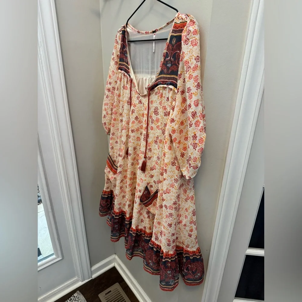 Free People Peach Floral Boho Midi Dress with Red and Navy Trim
